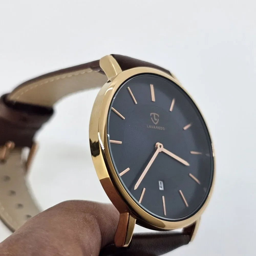 Men's Watch 40MM Gold Case Blue Dial Brown Leather Band‎ Straps Date Indicator